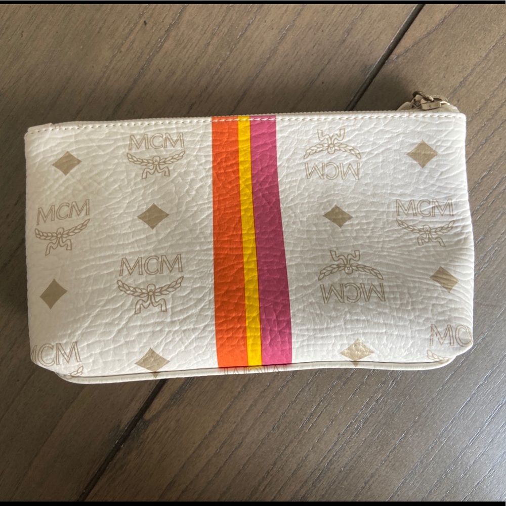 Authentic MCM White Gold Leather Cosmetic Bag